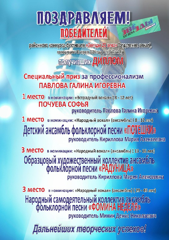 ПОЗДРАВЛЯЕМ ПОБЕДИТЕЛЕЙ в районном конкурсе «Звезды XXI века» /ВОКАЛ/, /13 апреля, 2024, г.п.Белый Яр/